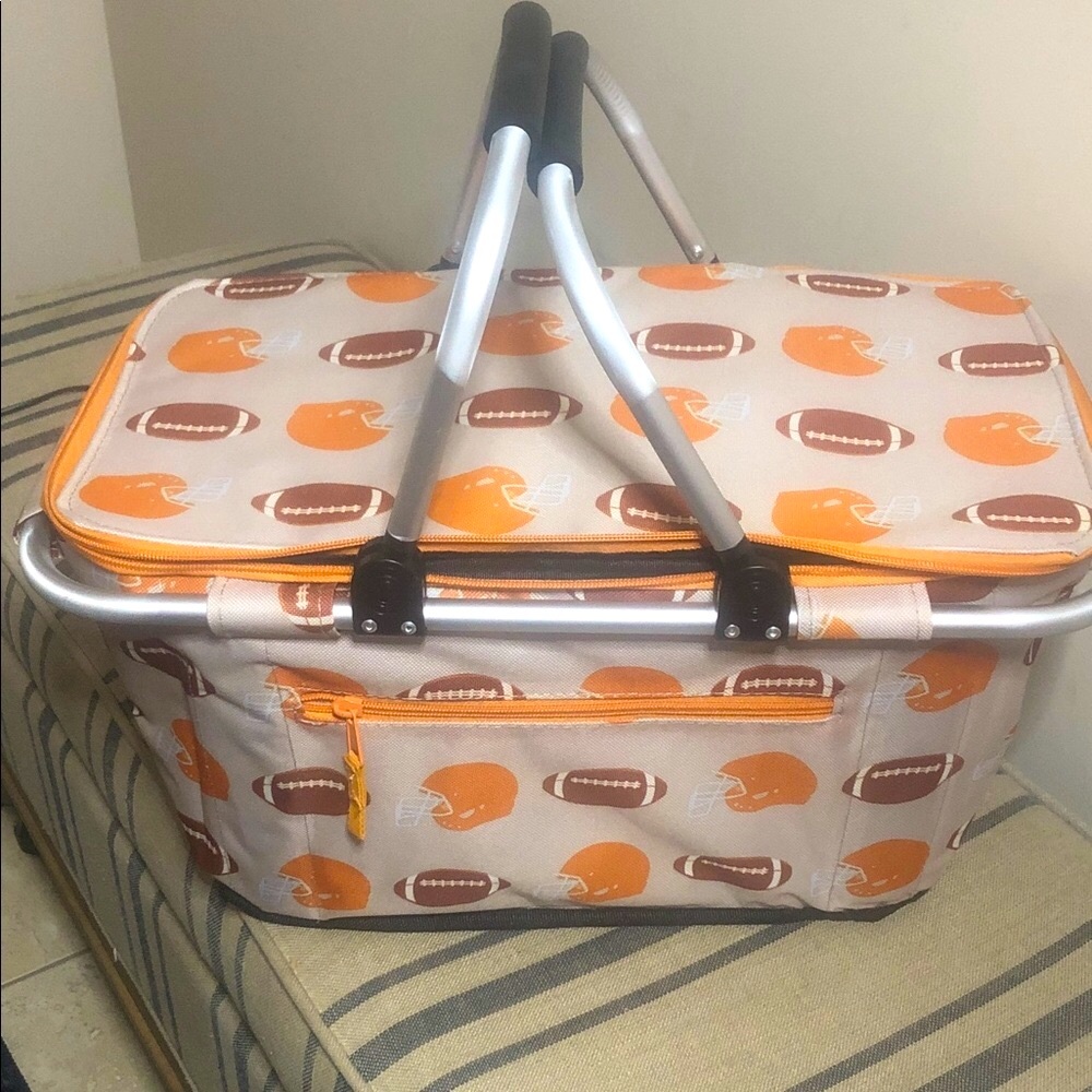 Football-Themed Insulated Picnic Basket - Soft Sided Cooler Orange and Brown